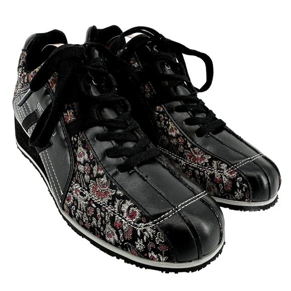 BED STU Speedy Floral Canvas Lace Up Low Top Wedge Sneakers Black 6.5 NWOT - Picture 1 of 6